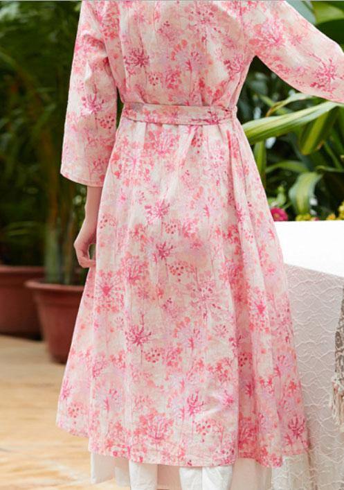 Classy pink print linen clothes v neck tie waist Maxi summer Dress - SooLinen