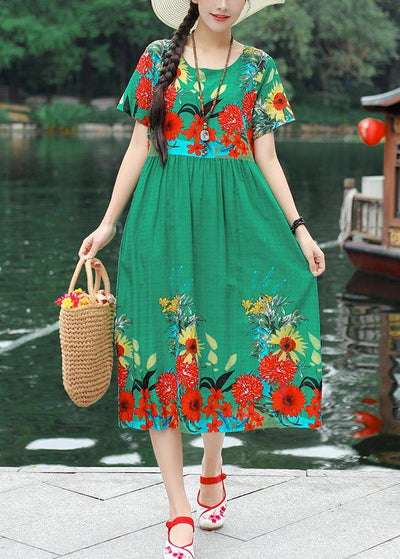 Classy print cotton clothes Women Tutorials green Robe Dress summer - SooLinen