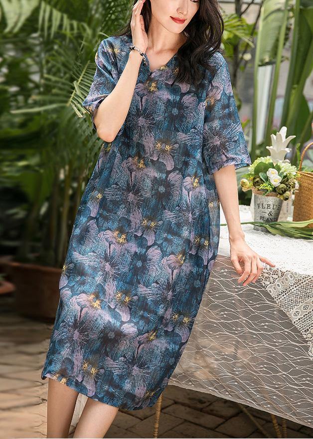 Classy purple blue print linen dresses v neck half sleeve tunic summer Dresses - SooLinen