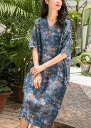 Classy purple blue print linen dresses v neck half sleeve tunic summer Dresses - SooLinen