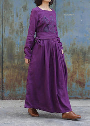 Classy purple linen clothes For Women tie waist loose embroidery Dress - SooLinen