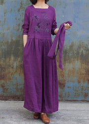 Classy purple linen clothes For Women tie waist loose embroidery Dress - SooLinen