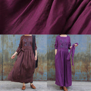 Classy purple linen clothes For Women tie waist loose embroidery Dress - SooLinen