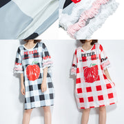 Classy red Plaid silk quilting dresses Fine linen Half sleeve silk Summer Dress