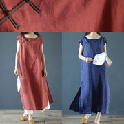 Classy red linen clothes For Women o neck side open long summer Dress - SooLinen