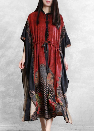 Classy red print clothes Women drawstring asymmetric Maxi Dress - SooLinen