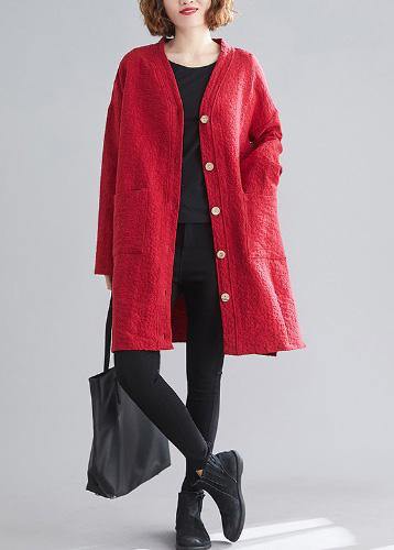 Classy v neck Button Fine Coats Women red daily outwear - SooLinen