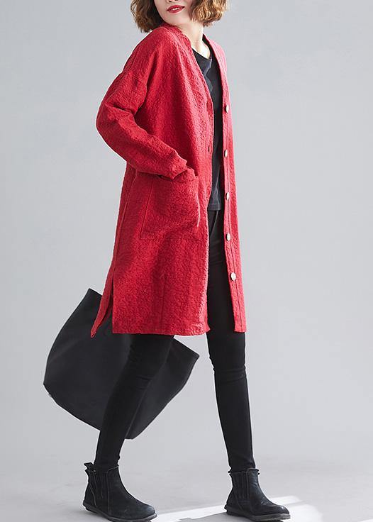 Classy v neck Button Fine Coats Women red daily outwear - SooLinen