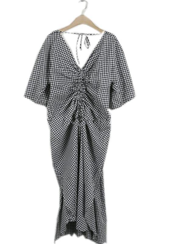 Classy v neck asymmetric cotton Long Shirts Runway plaid Dress - SooLinen