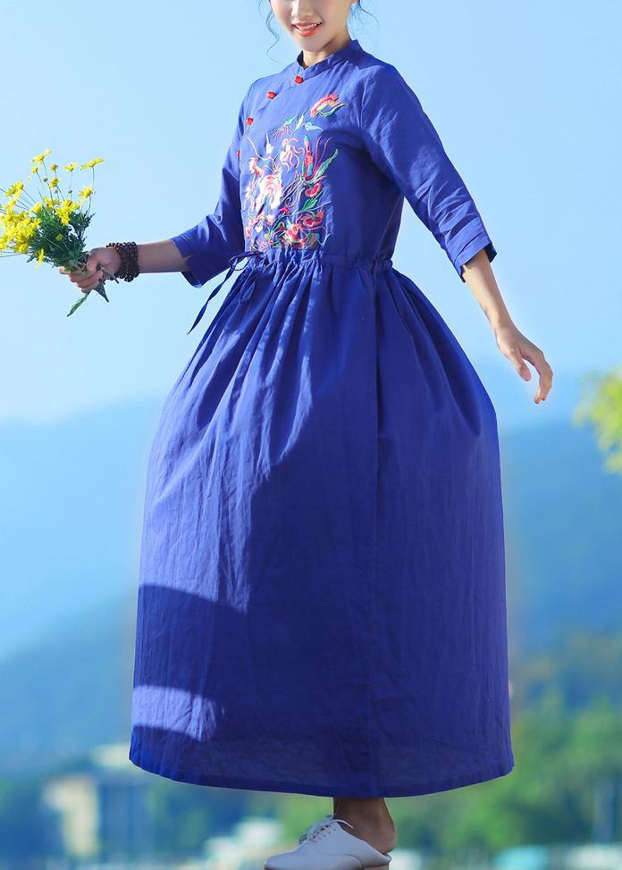 Classy v neck drawstring linen dress Shape blue embroidery Dresses summer - SooLinen