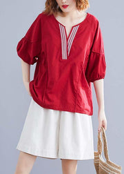 Classy v neck half sleeve cotton Blouse Work red blouse summer - SooLinen