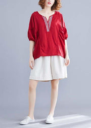 Classy v neck half sleeve cotton Blouse Work red blouse summer - SooLinen