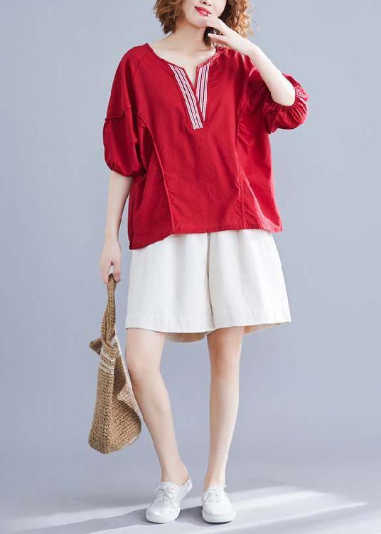 Classy v neck half sleeve cotton Blouse Work red blouse summer - SooLinen