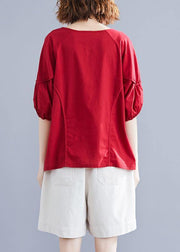 Classy v neck half sleeve cotton Blouse Work red blouse summer - SooLinen