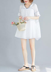 Classy v neck patchwork clothes pattern white Dress summer - SooLinen