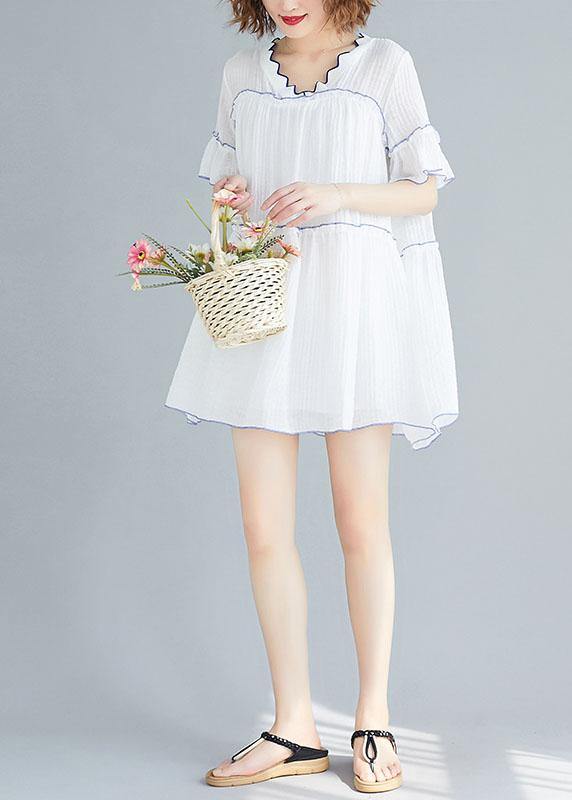 Classy v neck patchwork clothes pattern white Dress summer - SooLinen