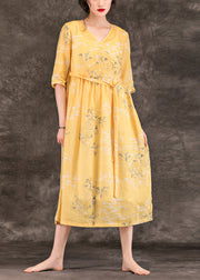 Classy v neck pockets linen dresses 2024 Work Outfits yellow print Maxi Dress Summer