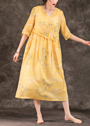 Classy v neck pockets linen dresses 2024 Work Outfits yellow print Maxi Dress Summer