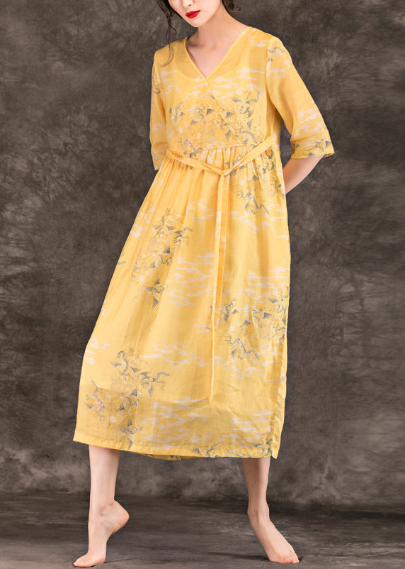 Classy v neck pockets linen dresses 2024 Work Outfits yellow print Maxi Dress Summer