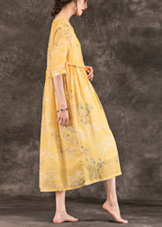 Classy v neck pockets linen dresses 2024 Work Outfits yellow print Maxi Dress Summer