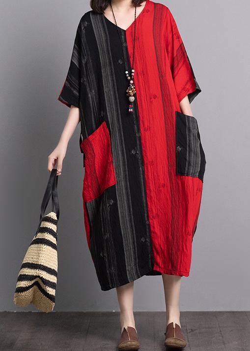 Classy v neck pockets linen outfit Sewing black red patchwork Dresses summer - SooLinen