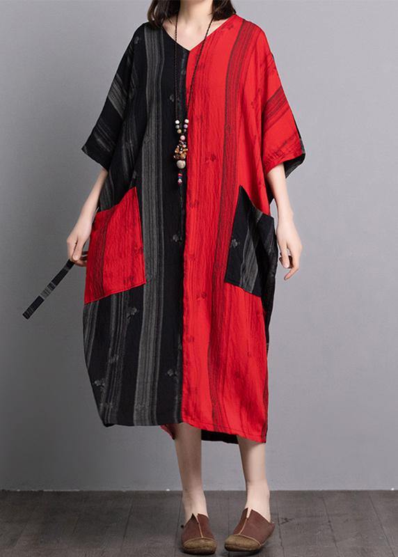 Classy v neck pockets linen outfit Sewing black red patchwork Dresses summer - SooLinen