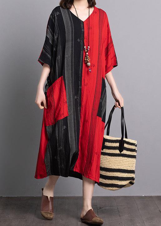 Classy v neck pockets linen outfit Sewing black red patchwork Dresses summer - SooLinen