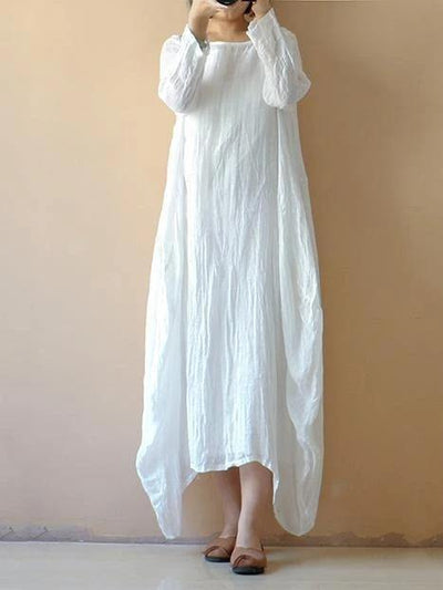 Classy white cotton clothes Women o neck asymmetric Plus Size spring Dresses - SooLinen