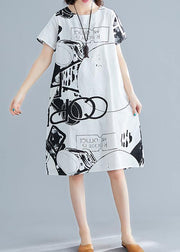 Classy white print linen Wardrobes o neck short sleeve shift summer Dress - SooLinen