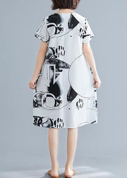 Classy white print linen Wardrobes o neck short sleeve shift summer Dress - SooLinen