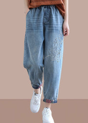 Classy Denim Blue Pant Spring Elastic Waist Embroidery Work Outfits Women Trousers