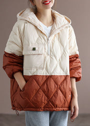 Club Beige Patchwork Orange zippered Pockets Duck Down Winter Down Jacket