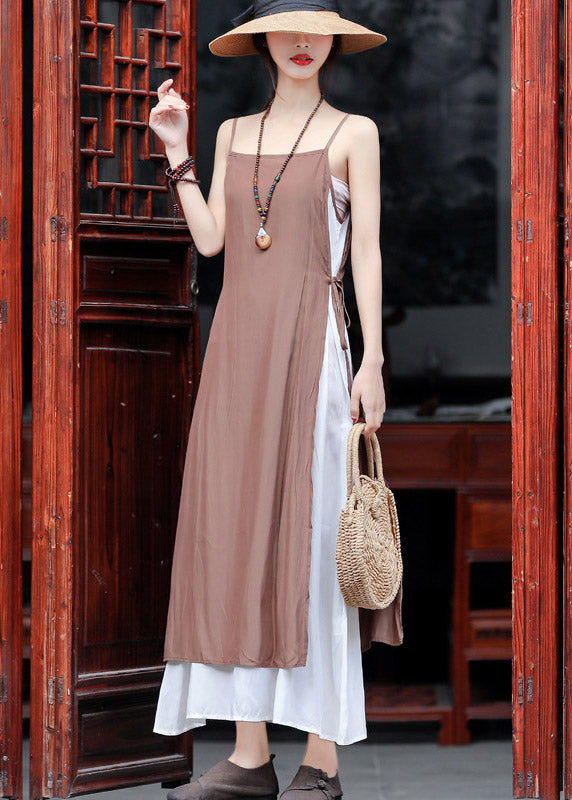 Chocolate Cotton Fake Two Piece Spaghetti Strap Beach Dresses Side Open Summer