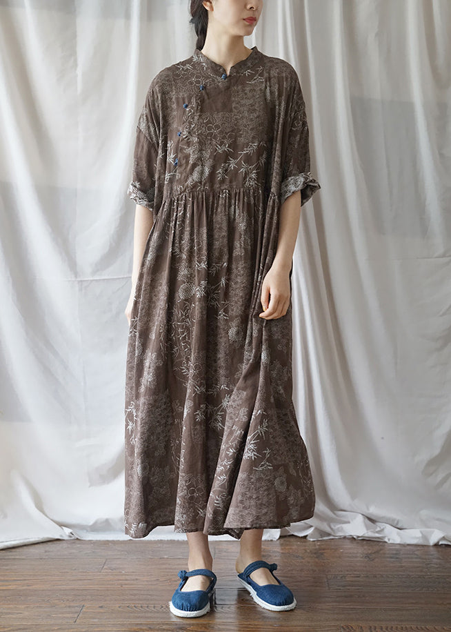 Chocolate Cotton Loose Dresses Mandarin Collar Half Sleeve