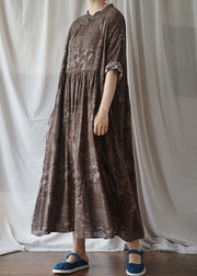 Chocolate Cotton Loose Dresses Mandarin Collar Half Sleeve