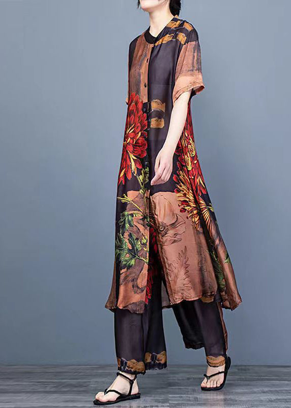 Chocolate Floral Print Silk Shirt Dress And Wide Leg Pants Two Pieces Set Thin Half Sleeve