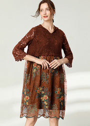 Chocolate Hollow Out Lace Dresses Embroideried Spring