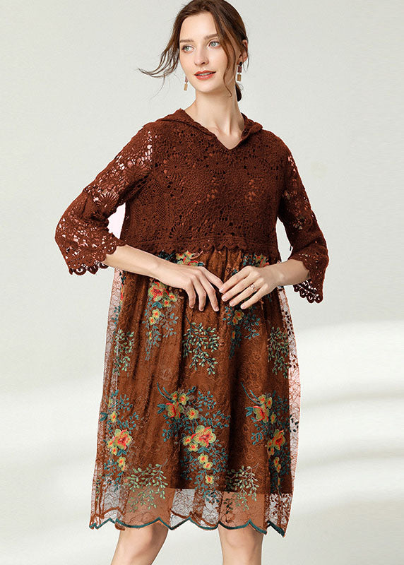 Chocolate Hollow Out Lace Dresses Embroideried Spring