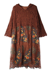 Chocolate Hollow Out Lace Dresses Embroideried Spring