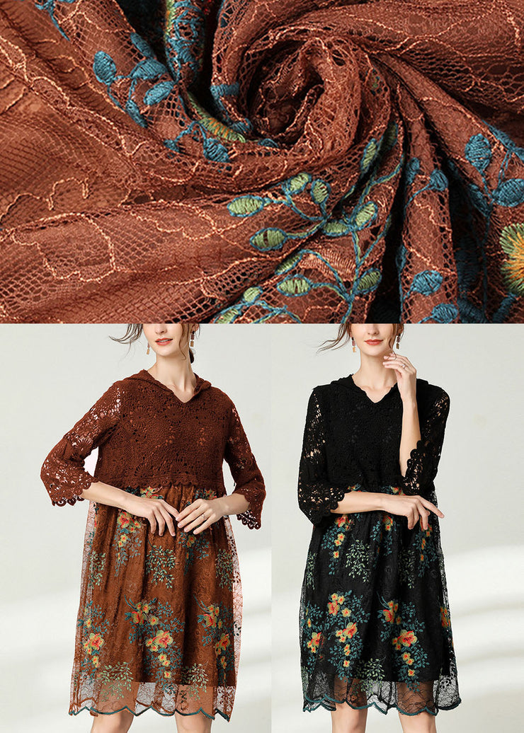 Chocolate Hollow Out Lace Dresses Embroideried Spring