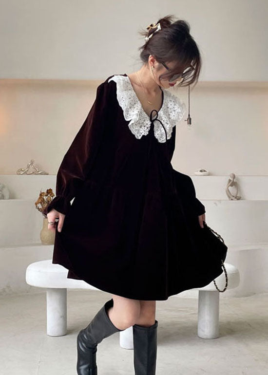 Chocolate Lace Peter Pan Collar Patchwork Velour Dress Winter