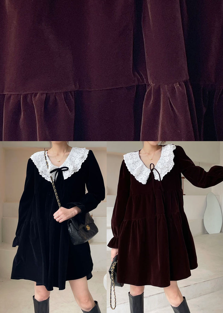 Chocolate Lace Peter Pan Collar Patchwork Velour Dress Winter