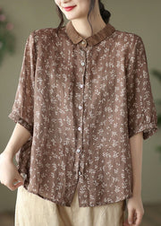 Chocolate Linen Shirt Top Button Peter Pan Collar Half Sleeve