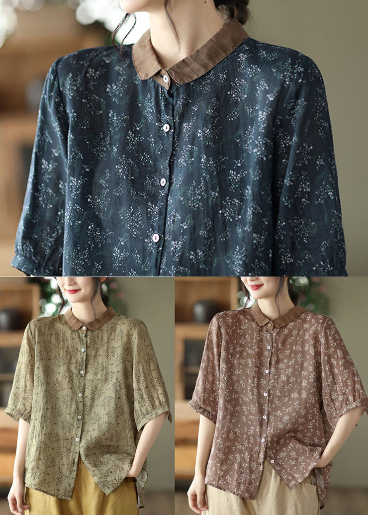 Chocolate Linen Shirt Top Button Peter Pan Collar Half Sleeve