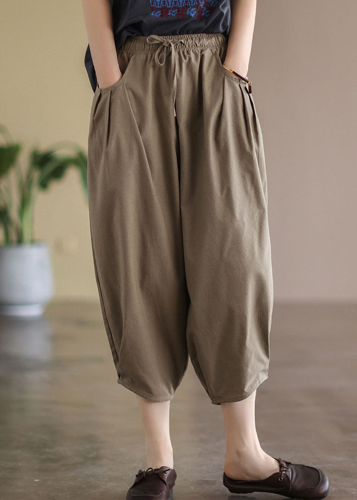 Chocolate Loose Linen Harem Pants Elastic Waist Drawstring Summer