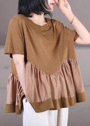 Chocolate Patchwork Cotton Tank Asymmetrical Wrinkled Short Sleeve