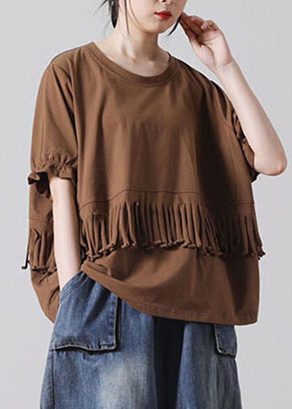 Chocolate Patchwork Cotton Tank Tops O-Neck Tassel Short Sleeve