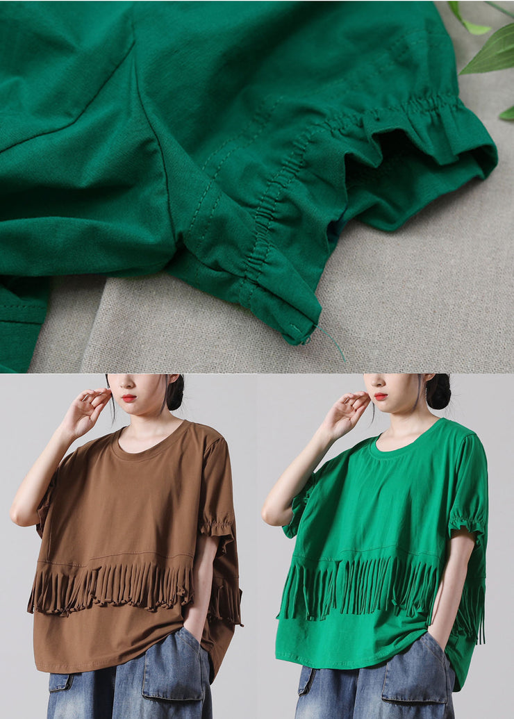 Chocolate Patchwork Cotton Tank Tops O-Neck Tassel Short Sleeve