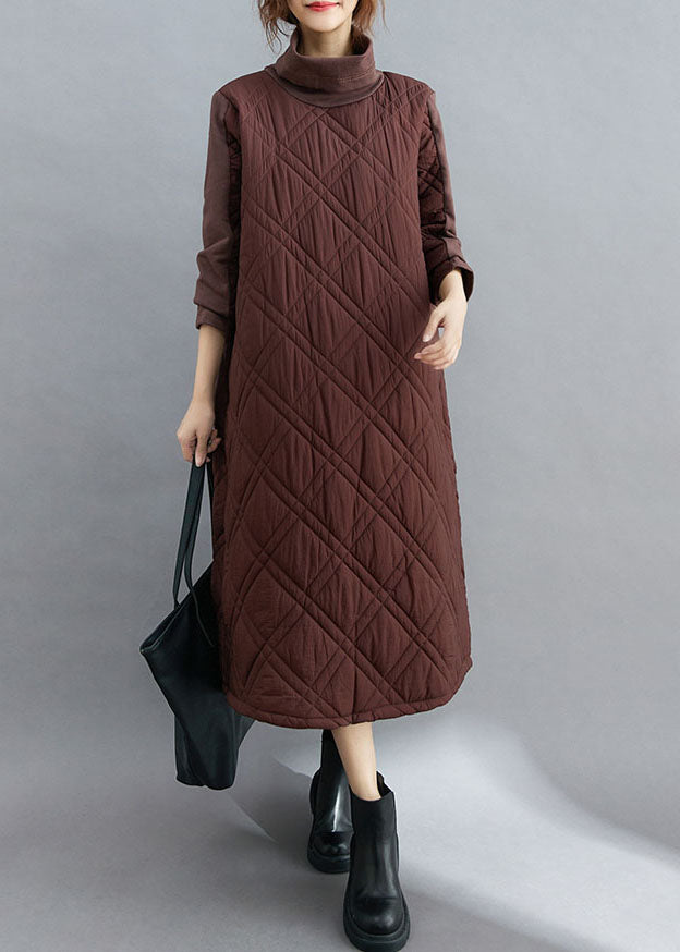 Chocolate Patchwork Fine Cotton Filled Pockets Dress Winter