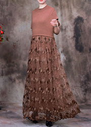 Chocolate Patchwork Knit Long Knit Dress Asymmetrical Winter